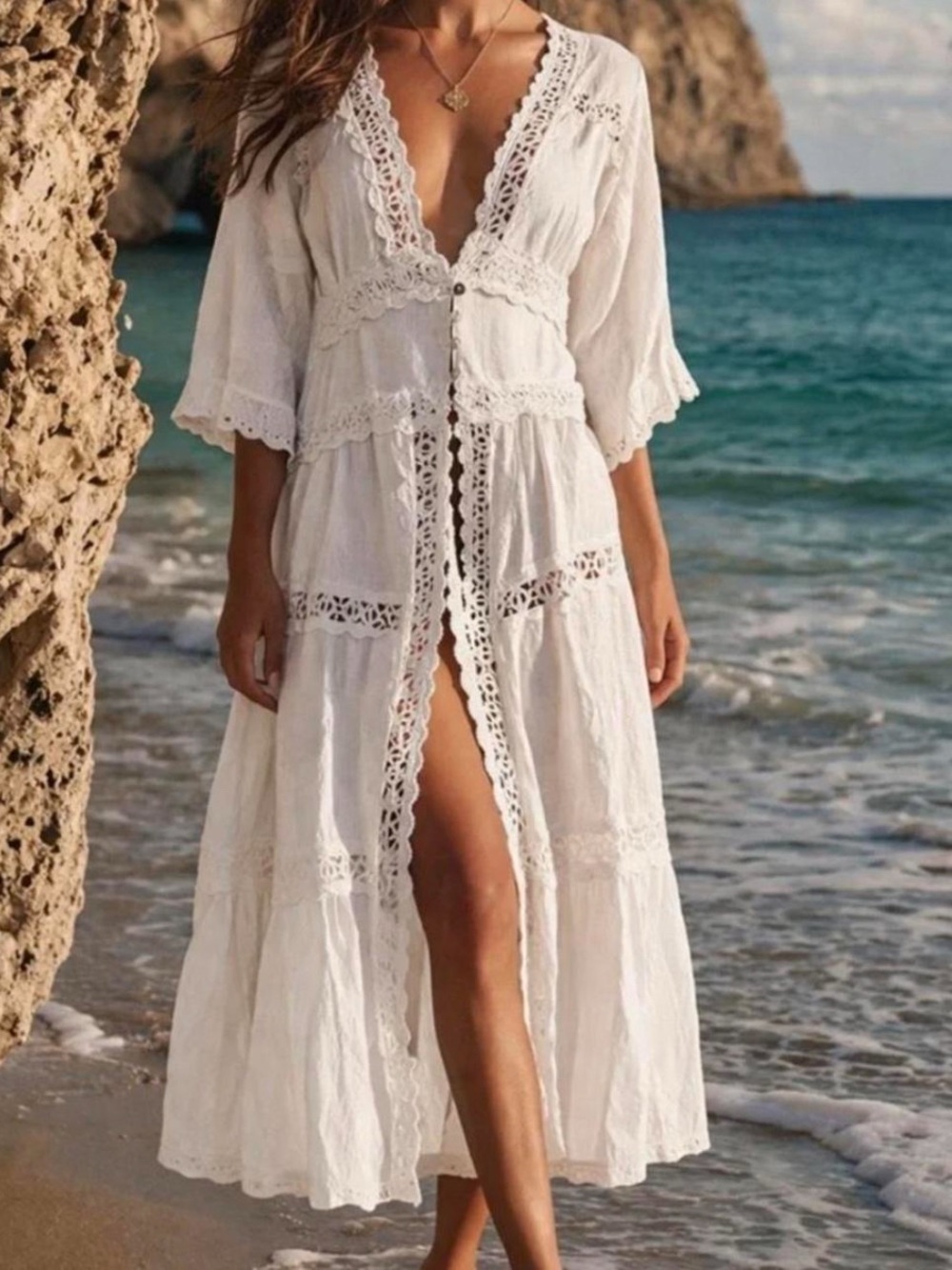 Rahi Topanga White Crochet Lace Duster